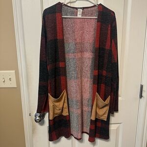 Plaid Open-Front Cardigan Sweater - Red and Black